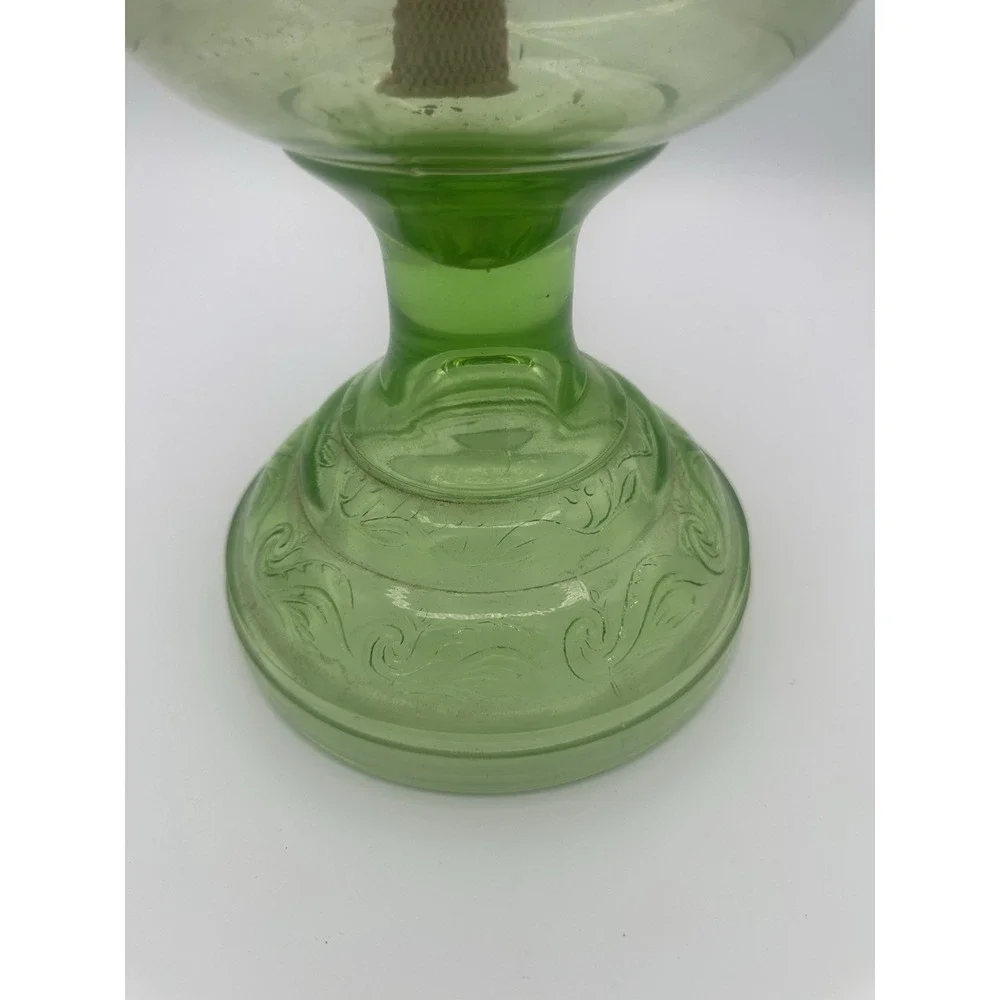 Antique Uranium Glass Depression Glass Oil Lamp W/Wedding Scroll Pattern 20